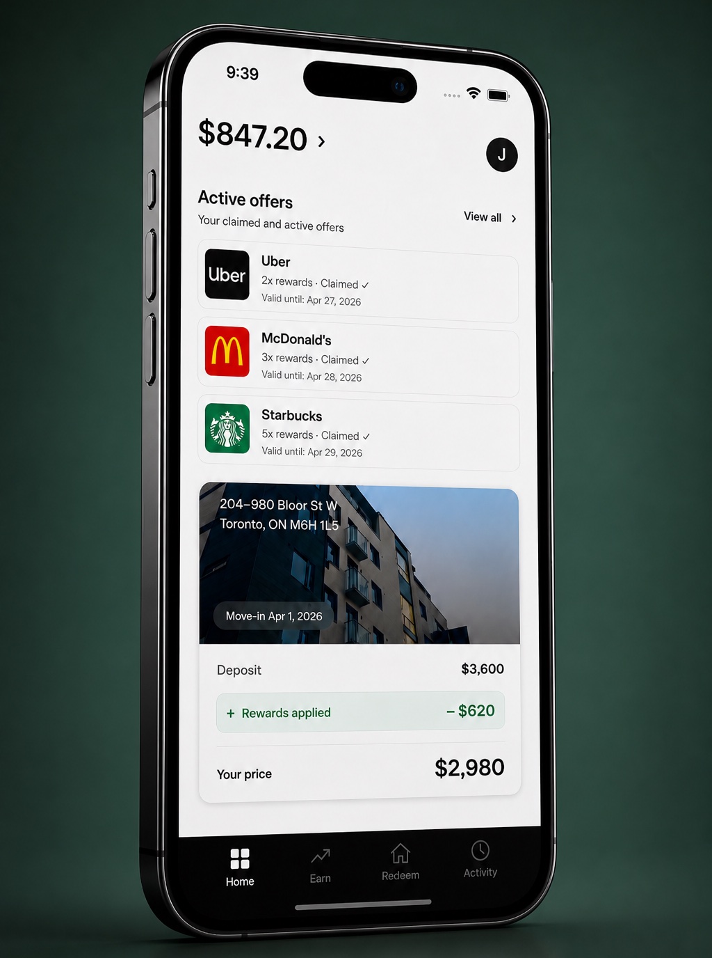 Quarters app showing rewards applied to a lease deposit
